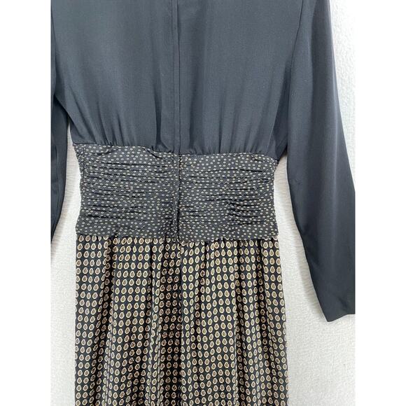 ST. GILLIAN SILKS Dress 4 Sheath Midi Printed Draped Long Sleeve Black Vintage - Picture 7 of 13